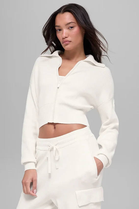 Chaqueta corta de punto Scholar con cremallera completa - Marfil