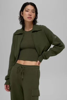 Chaqueta corta de punto Scholar con cremallera completa - Verde oliva