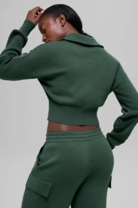 Chaqueta corta de punto Scholar con cremallera completa – Verde trébol
