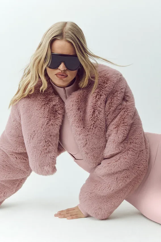 Chaqueta corta elegante de piel sintética - Rosa champán
