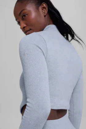 Chaqueta sin costuras de canalé bicolor – Gris escarchado invernal