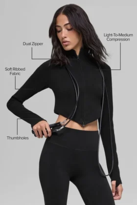 Chaqueta sin costuras de dos tonos con canalé – Negro