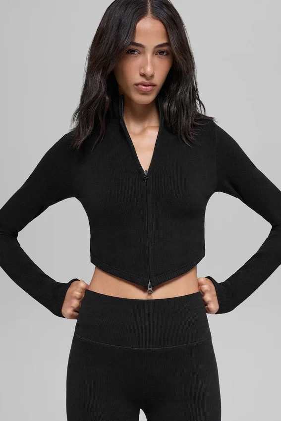 Chaqueta sin costuras de dos tonos con canalé - Negro