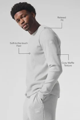 Elevate Waffle de manga larga con cuello redondo – Gris jaspeado deportivo