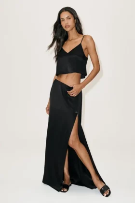 Falda larga de talle bajo Radiance de mezcla de seda – Negro