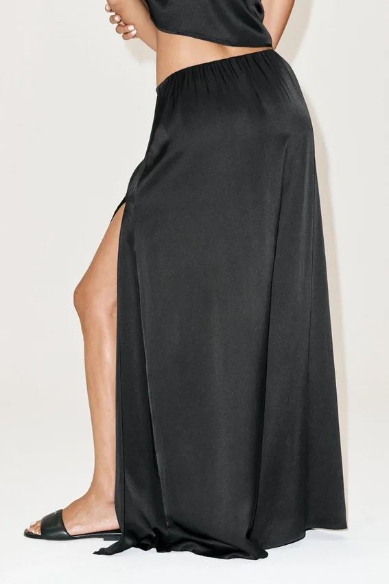 Falda larga de talle bajo Radiance de mezcla de seda - Negro