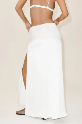 Falda larga de talle bajo «Radiance» en mezcla de seda — Blanco