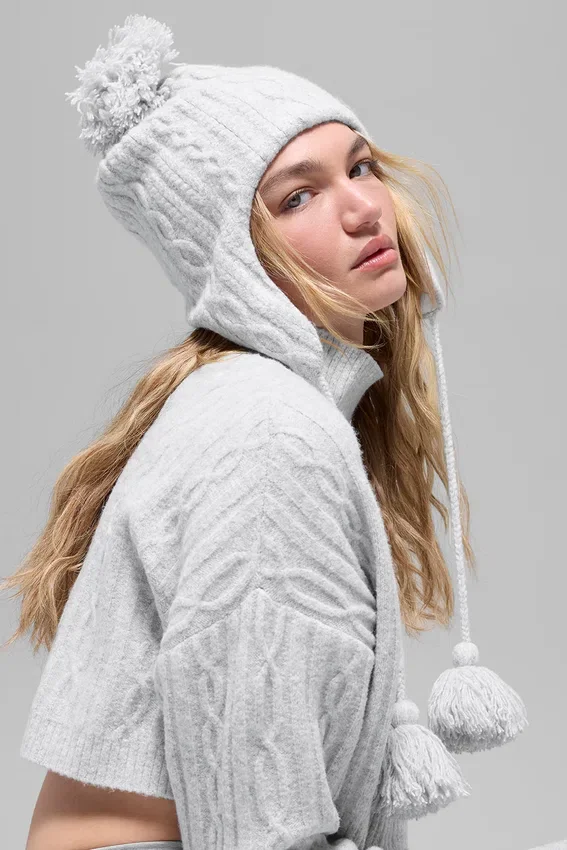 Gorro con orejeras Winter Bliss de punto trenzado - Gris jaspeado deportivo