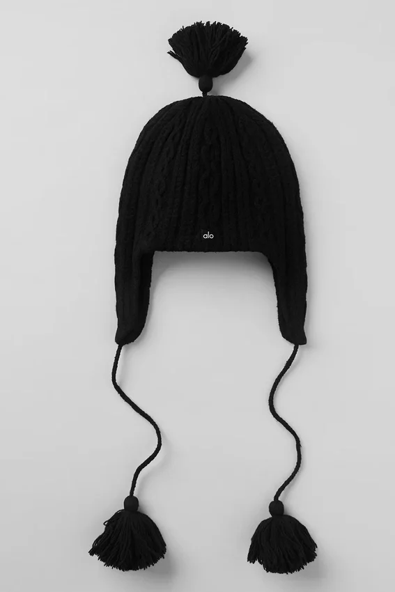 Gorro de invierno con orejeras y tejido trenzado «Winter Bliss» - Negro
