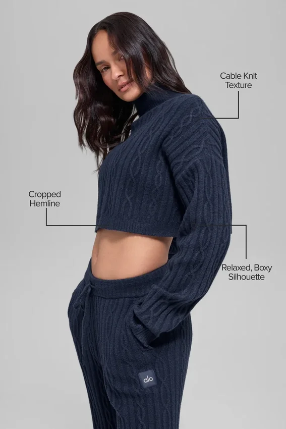 Jersey de cuello alto corto de punto trenzado «Winter Bliss» de manga larga - Azul marino