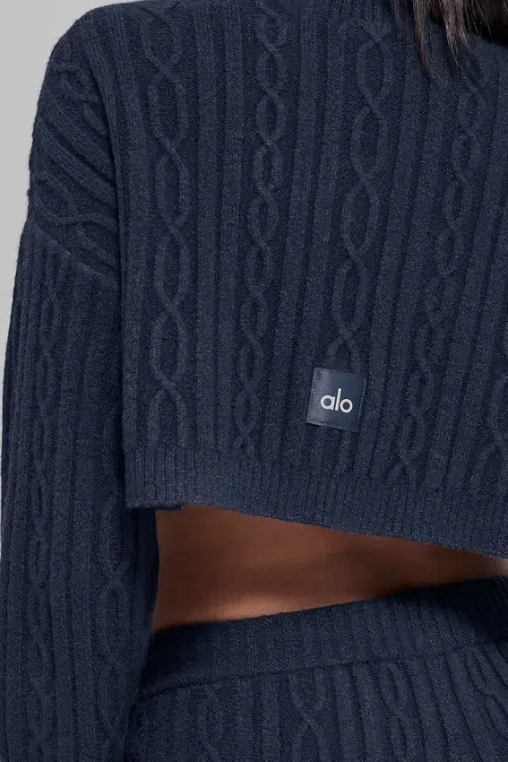 Jersey de cuello alto corto de punto trenzado «Winter Bliss» de manga larga - Azul marino
