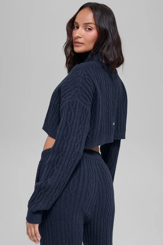 Jersey de cuello alto corto de punto trenzado «Winter Bliss» de manga larga - Azul marino