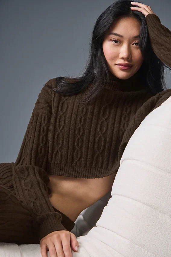 Jersey de cuello alto corto de punto trenzado «Winter Bliss» de manga larga - Espresso