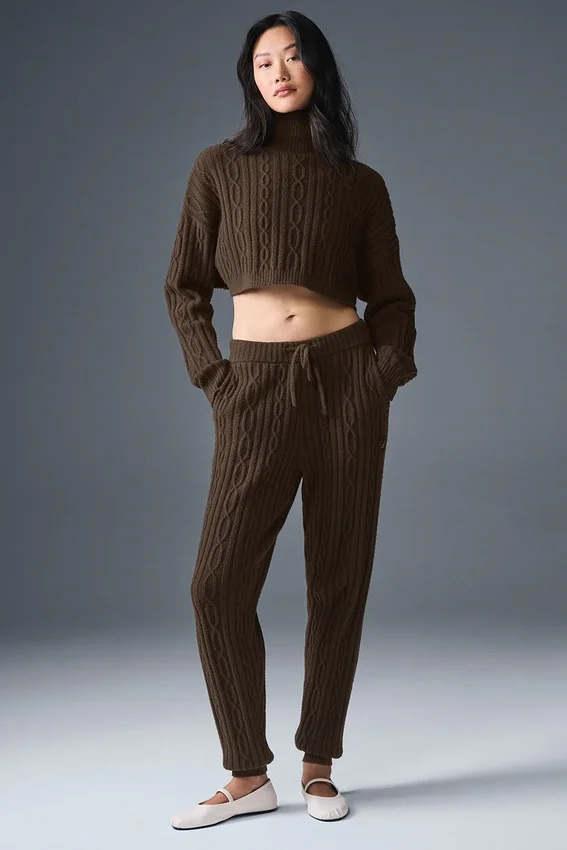 Jersey de cuello alto corto de punto trenzado «Winter Bliss» de manga larga - Espresso