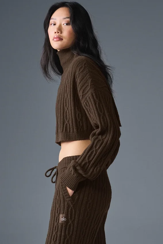 Jersey de cuello alto corto de punto trenzado «Winter Bliss» de manga larga - Espresso