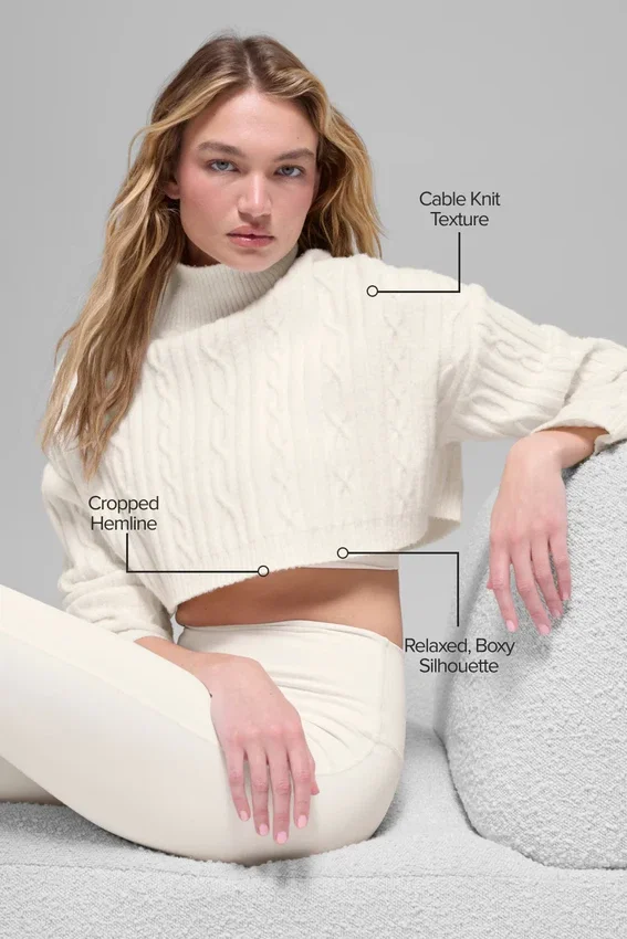 Jersey de cuello alto corto de punto trenzado Winter Bliss de manga larga - Marfil