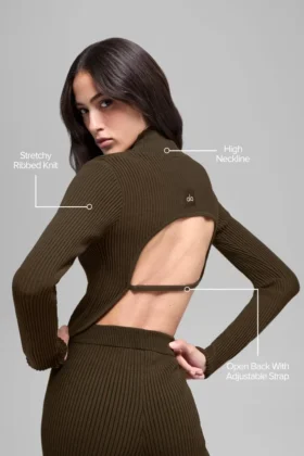 Jersey de denim sin espalda de manga larga – Espresso/Negro