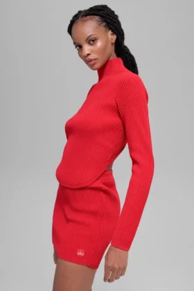 Jersey de denim sin espalda de manga larga - Rojo brillante