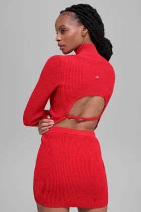 Jersey de denim sin espalda de manga larga – Rojo brillante