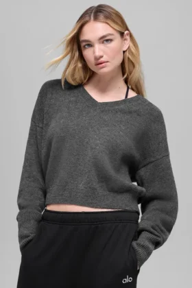 Jerséu corto de lana y cachemira con cuello en V de la colección New Class - Gris platino