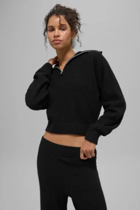 Jerséu de cachemira con tejido tipo waffle y cremallera de 1/4 - Negro