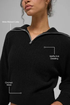 Jerséu de cachemira con tejido tipo waffle y cremallera de 1/4 – Negro