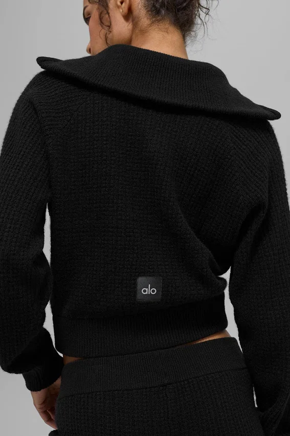 Jerséu de cachemira con tejido tipo waffle y cremallera de 1/4 - Negro