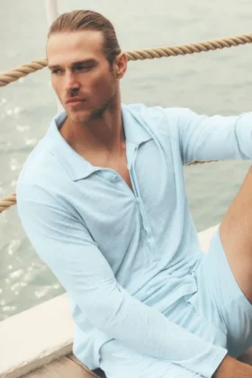 Jerséu de manga larga de jersey de lino «Coastal» - Azul mar