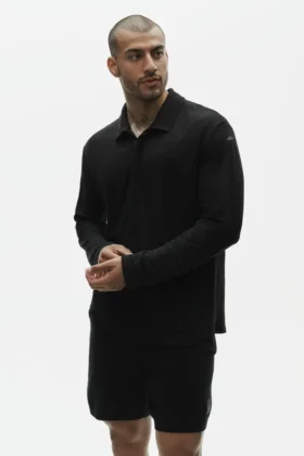 Jerséu de manga larga de jersey de lino estilo costero - Negro