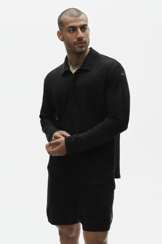 Jerséu de manga larga de jersey de lino estilo costero - Negro