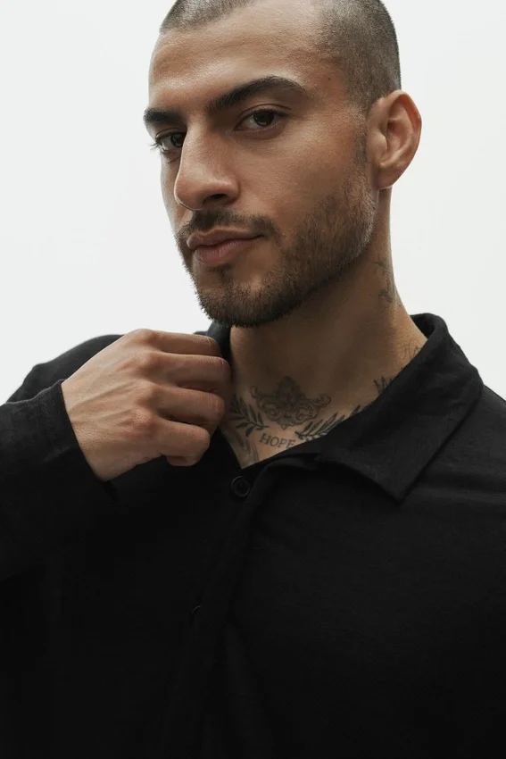 Jerséu de manga larga de jersey de lino estilo costero - Negro