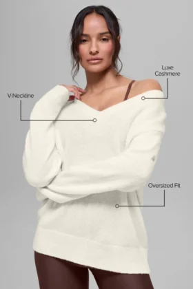 Jerséu oversize de cuello en V de lana y cachemira New Class – Marfil