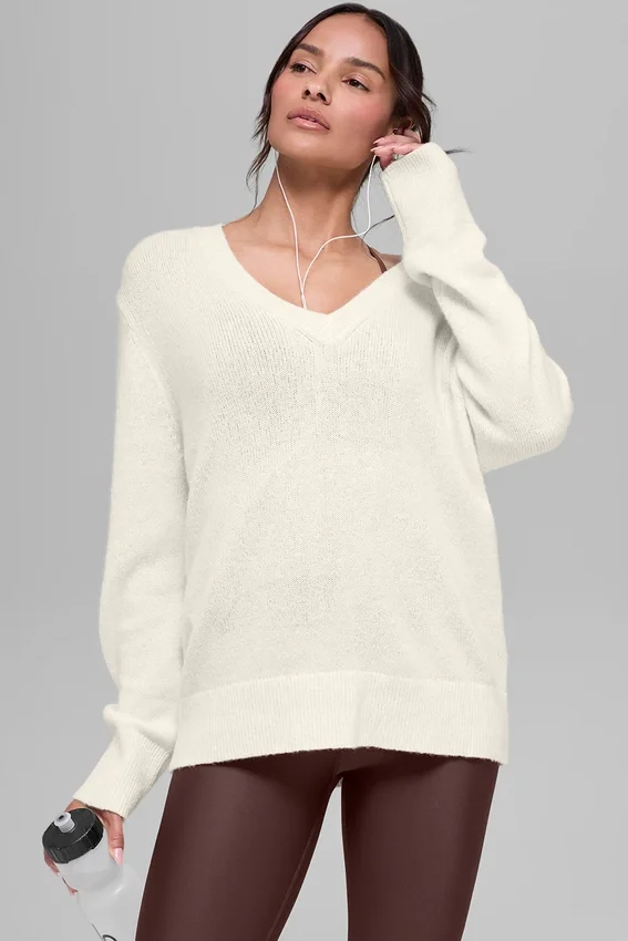 Jerséu oversize de cuello en V de lana y cachemira New Class - Marfil