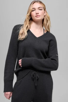 Jerséu oversize de lana y cachemira «New Class» con cuello en V - Negro