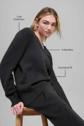 Jerséu oversize de lana y cachemira «New Class» con cuello en V – Negro