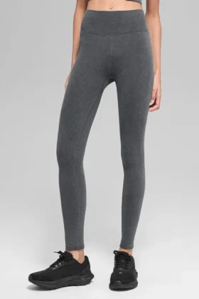 Leggings sin costuras de cintura High-Waist con acanalado bicolor - Gris neblina oscuro jaspeado