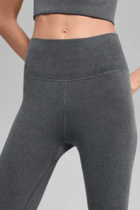 Leggings sin costuras de cintura High-Waist con acanalado bicolor – Gris neblina oscuro jaspeado