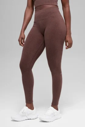 Leggings sin costuras de cintura High-Waist y dos tonos con diseño acanalado - Brownstone Heather