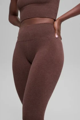 Leggings sin costuras de cintura High-Waist y dos tonos con diseño acanalado – Brownstone Heather