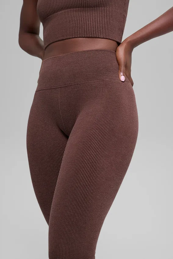 Leggings sin costuras de cintura High-Waist y dos tonos con diseño acanalado - Brownstone Heather