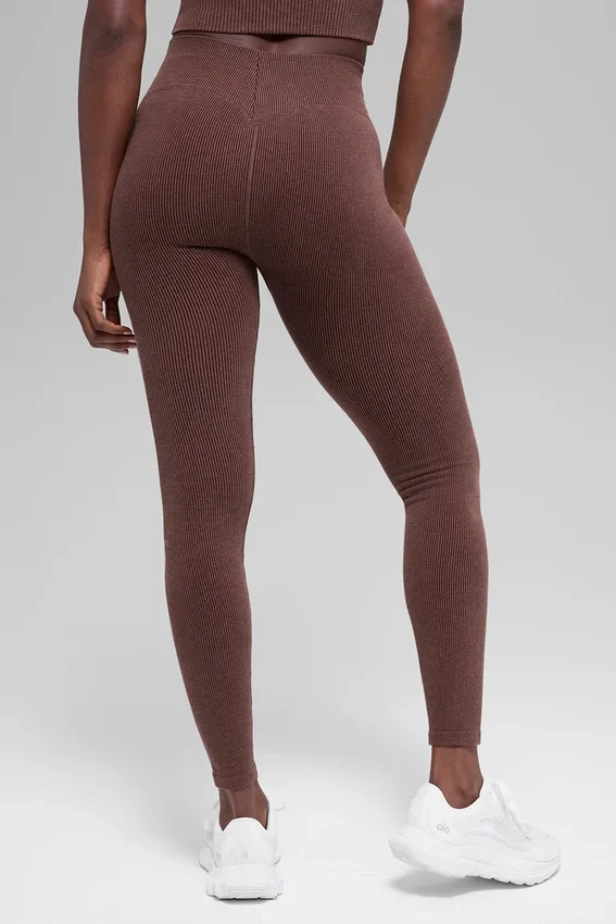 Leggings sin costuras de cintura High-Waist y dos tonos con diseño acanalado - Brownstone Heather