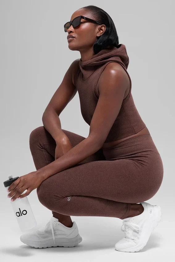 Leggings sin costuras de cintura High-Waist y dos tonos con diseño acanalado - Brownstone Heather