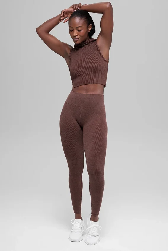 Leggings sin costuras de cintura High-Waist y dos tonos con diseño acanalado - Brownstone Heather