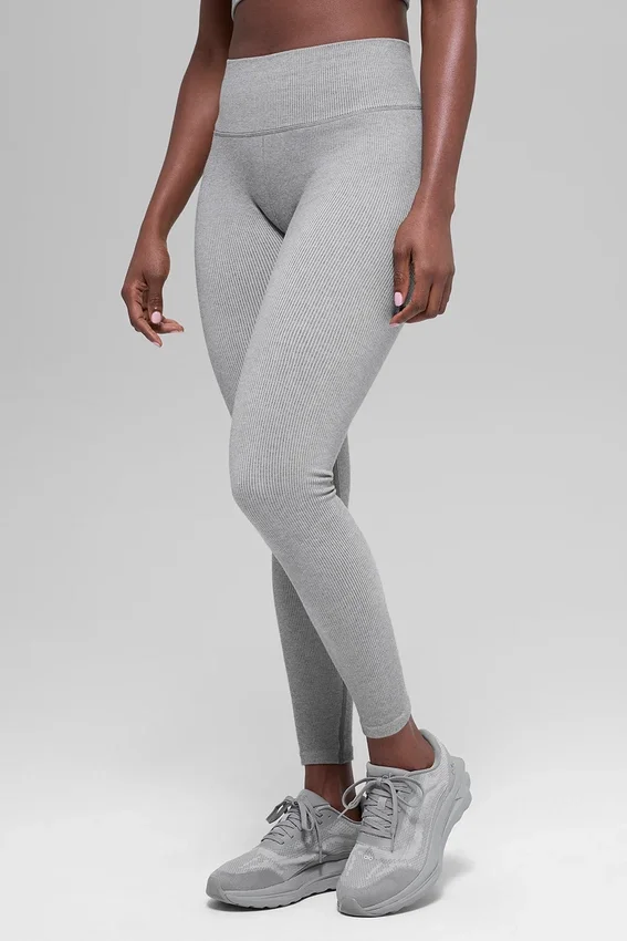 Leggings sin costuras High-Waist con diseño acanalado en dos tonos - Light Misty Grey Heather