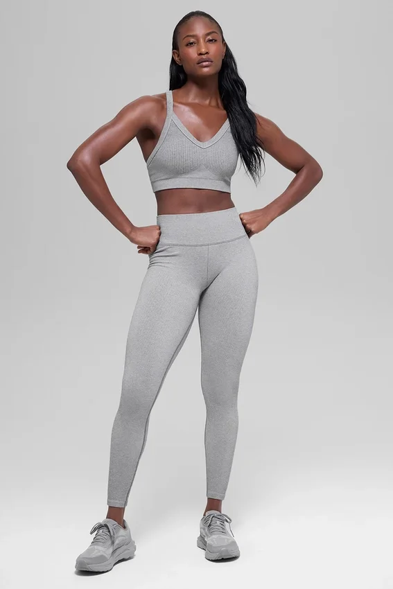 Leggings sin costuras High-Waist con diseño acanalado en dos tonos - Light Misty Grey Heather
