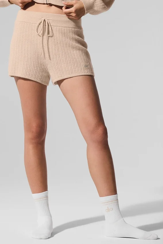 Pantalón corto de cachemira High-Waist con tejido de panal mullido - Macadamia Blush