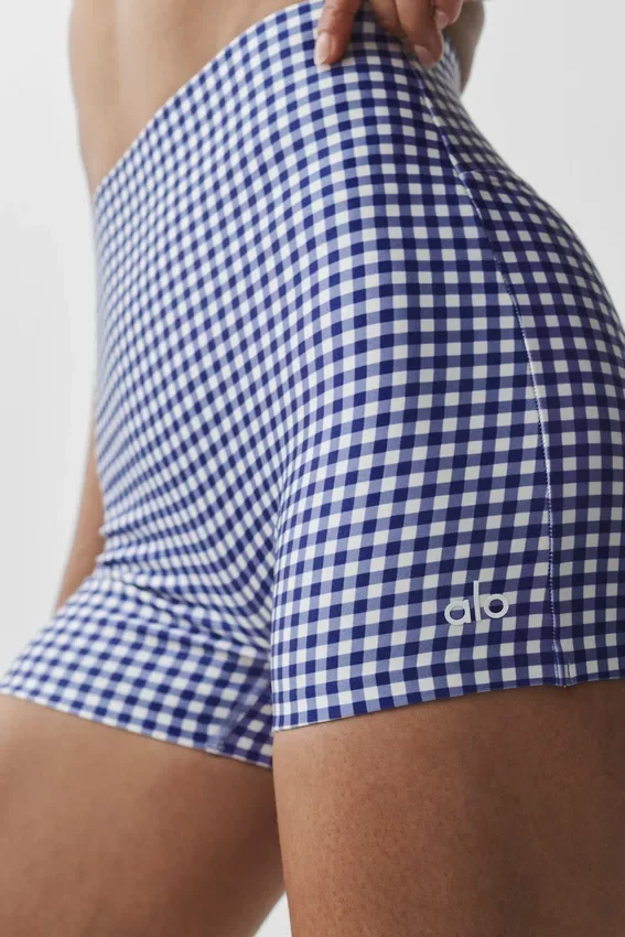 Pantalón corto elegante High-Waist Airlift de 3" con estampado de cuadros vichy - Azul marino