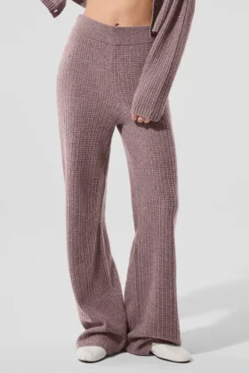 Pantalón de cachemira High-Waist con tejido de panal y textura mullida - Gris champiñón jaspeado