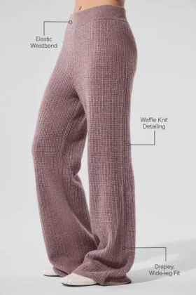 Pantalón de cachemira High-Waist con tejido de panal y textura mullida – Gris champiñón jaspeado