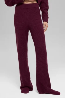 Pantalón de cachemira High-Waist con tejido tipo waffle y tacto suave - Burdeos